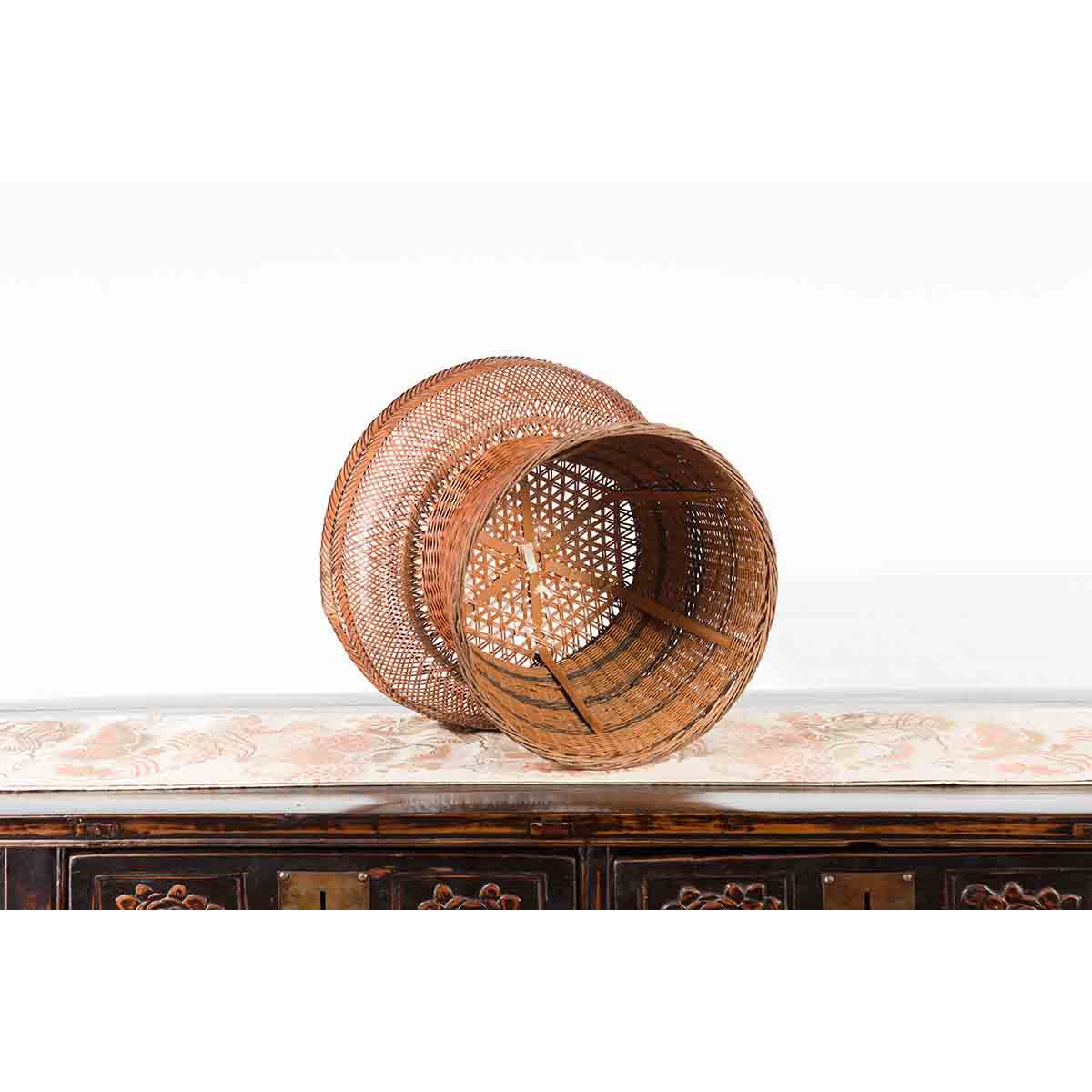 Thai Vintage Woven Rattan Fruit Market Basket with Pedestal Tapering Base-10. Asian & Chinese Furniture, Art, Antiques, Vintage Home Décor for sale at FEA Home