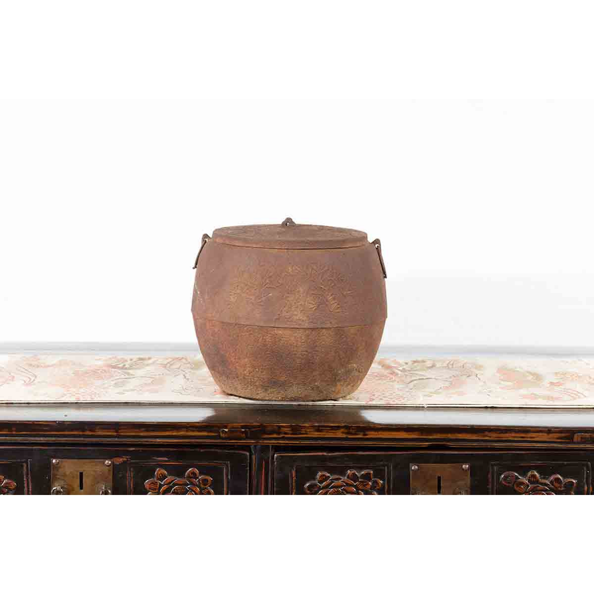 Japanese Meiji Period 1900s Distressed Iron Cooking Pot with Foliage Motifs-9. Asian & Chinese Furniture, Art, Antiques, Vintage Home Décor for sale at FEA Home
