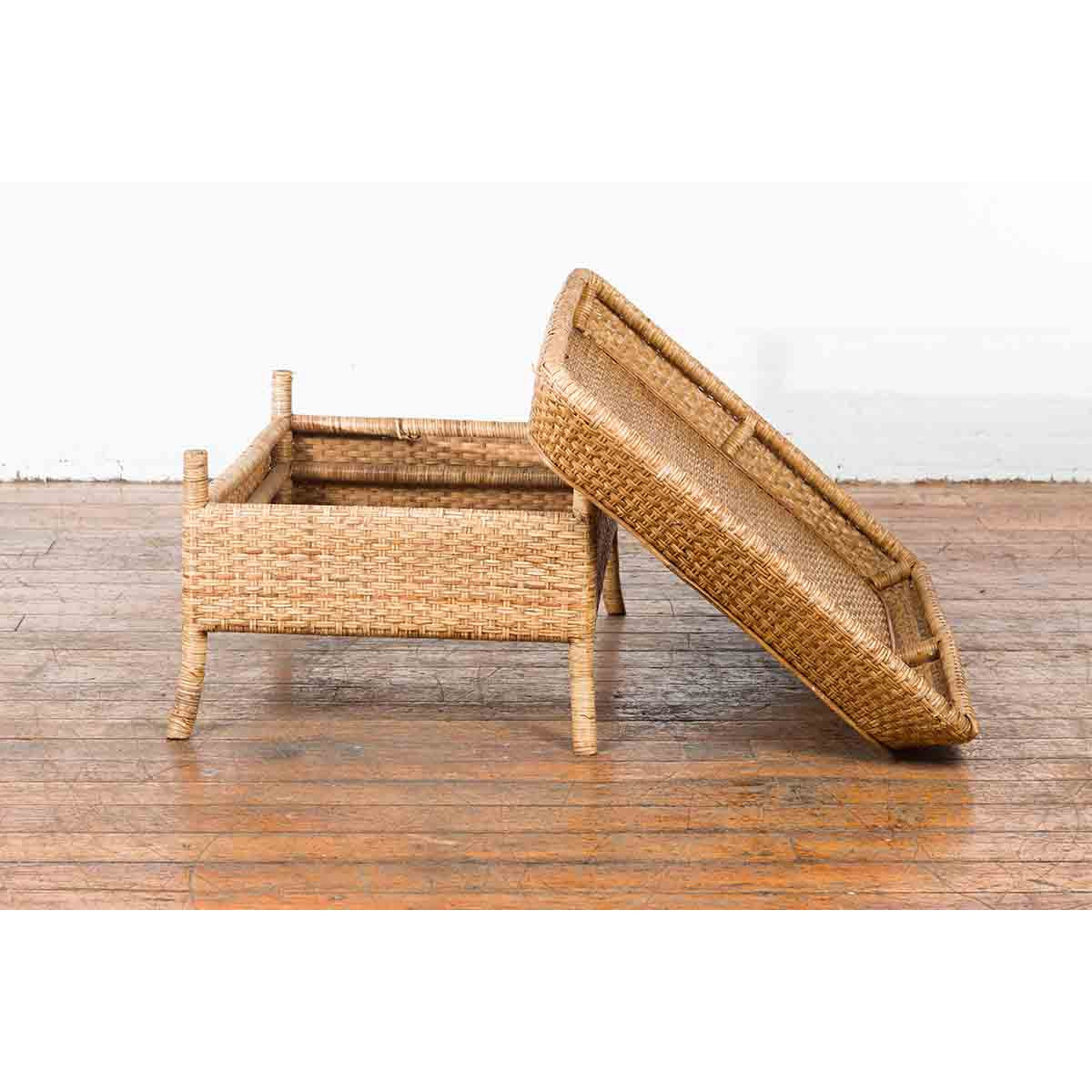 Vintage Burmese Rattan and Bamboo Coffee Table with Tray Top-4. Asian & Chinese Furniture, Art, Antiques, Vintage Home Décor for sale at FEA Home