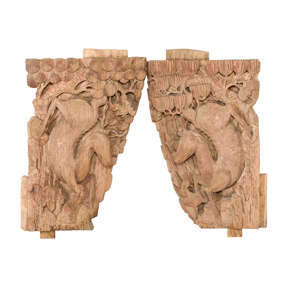 Pair of Qing Dynasty Hand-Carved Wooden Temple Corbels with Deer Motifs-3. Asian & Chinese Furniture, Art, Antiques, Vintage Home Décor for sale at FEA Home