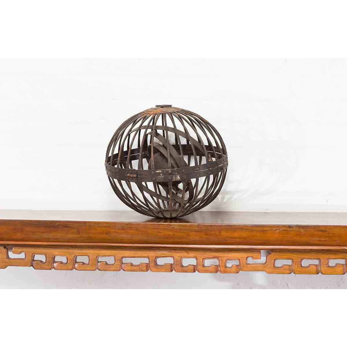 Indian Vintage Spherical Iron Light Fixture with Concentric Rings and Patina-3. Asian & Chinese Furniture, Art, Antiques, Vintage Home Décor for sale at FEA Home