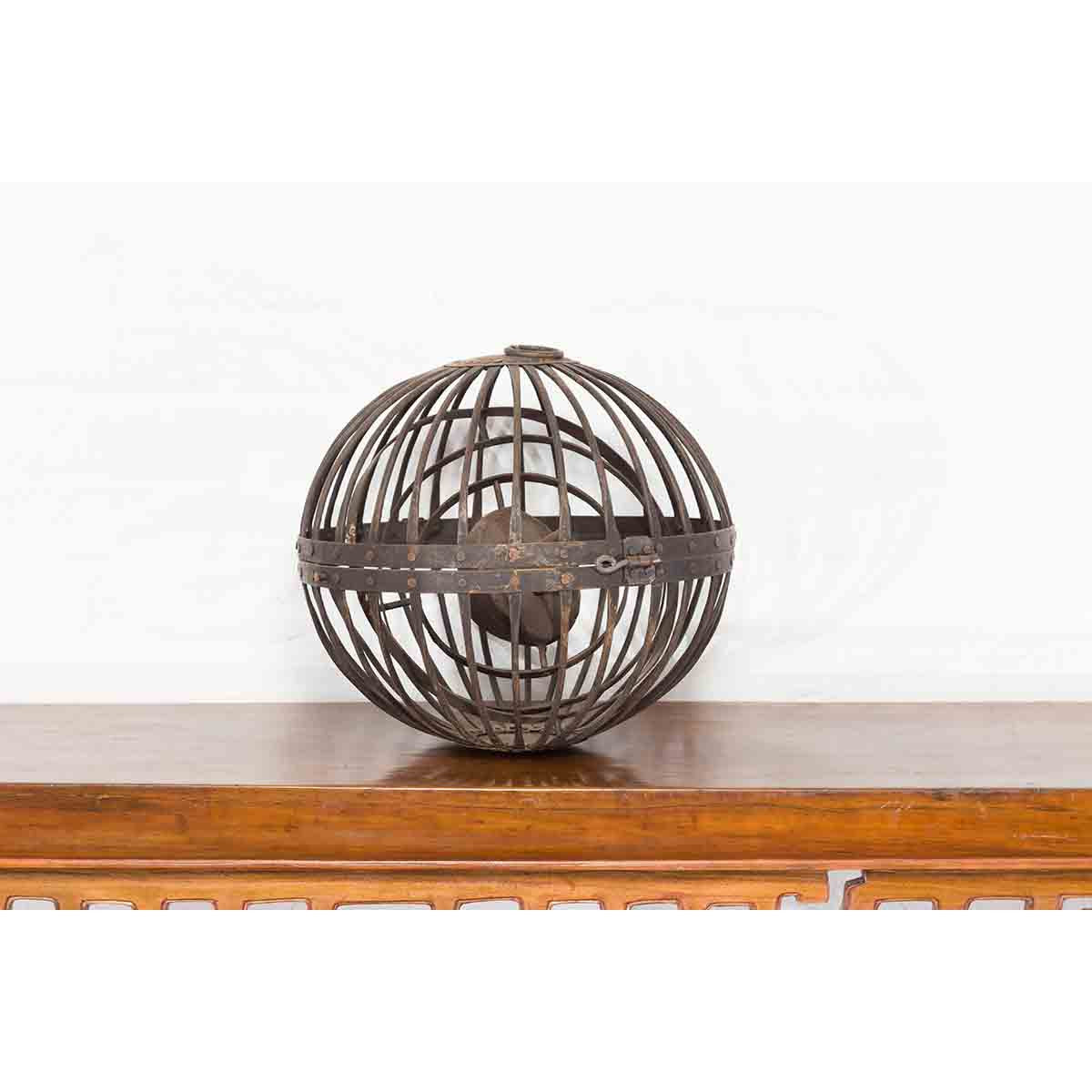 Indian Vintage Spherical Iron Light Fixture with Concentric Rings and Patina-8. Asian & Chinese Furniture, Art, Antiques, Vintage Home Décor for sale at FEA Home