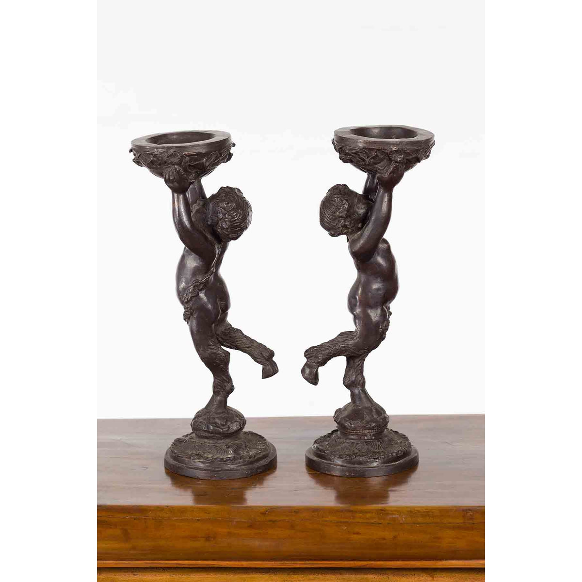 Pair of Bronze Greco-Roman Style Satyr Candle Holders-3. Asian & Chinese Furniture, Art, Antiques, Vintage Home Décor for sale at FEA Home