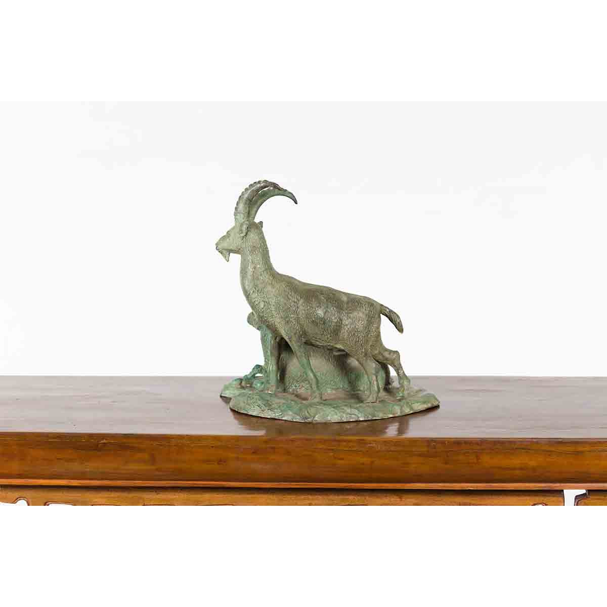 Vintage Lost Wax Cast Bronze Family of Ibex Sculpture with Verde Patina-12. Asian & Chinese Furniture, Art, Antiques, Vintage Home Décor for sale at FEA Home