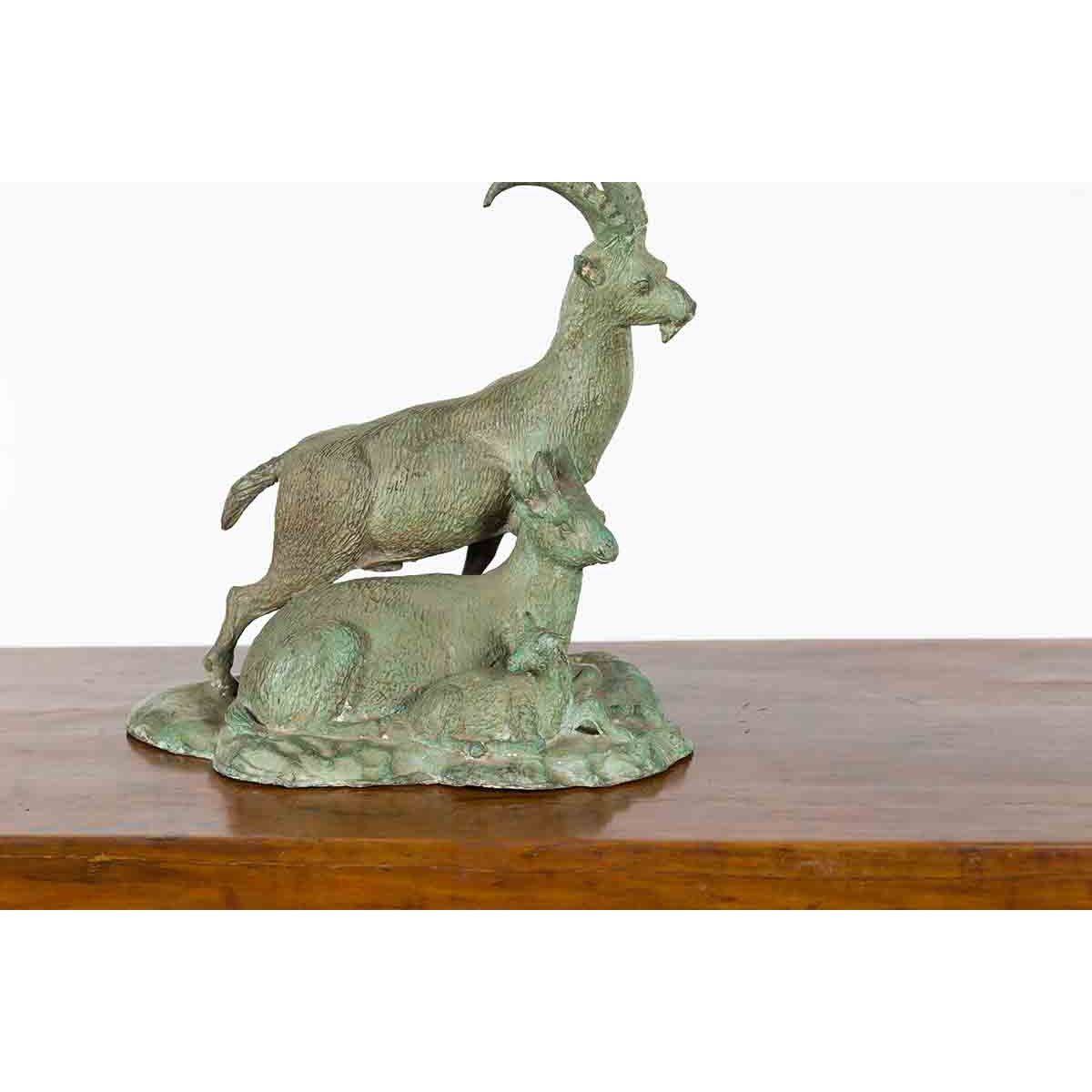 Vintage Lost Wax Cast Bronze Family of Ibex Sculpture with Verde Patina-4. Asian & Chinese Furniture, Art, Antiques, Vintage Home Décor for sale at FEA Home