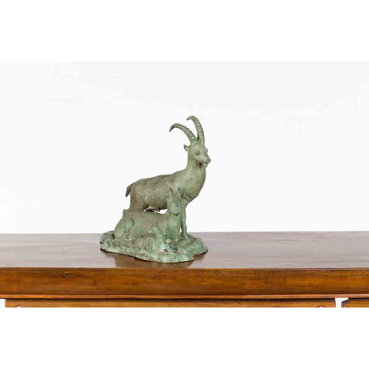 Vintage Lost Wax Cast Bronze Family of Ibex Sculpture with Verde Patina-8. Asian & Chinese Furniture, Art, Antiques, Vintage Home Décor for sale at FEA Home