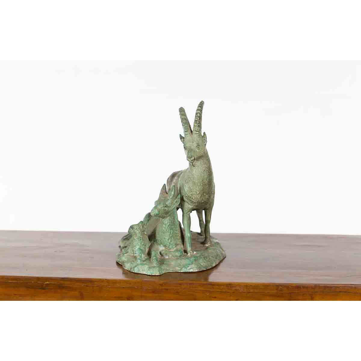 Vintage Lost Wax Cast Bronze Family of Ibex Sculpture with Verde Patina-9. Asian & Chinese Furniture, Art, Antiques, Vintage Home Décor for sale at FEA Home