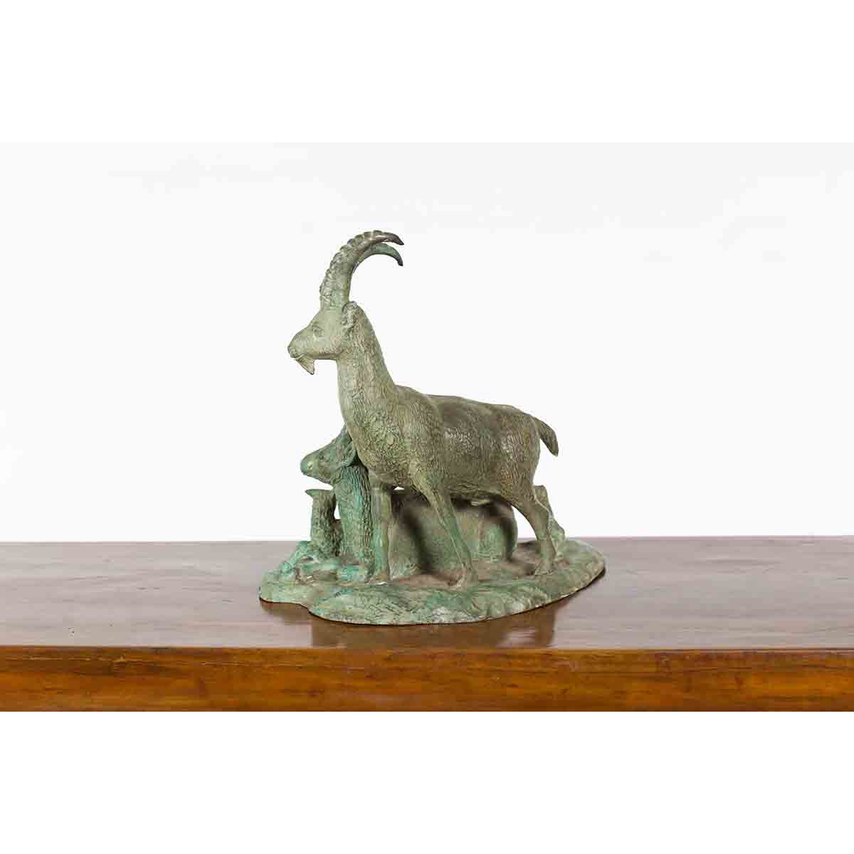 Vintage Lost Wax Cast Bronze Family of Ibex Sculpture with Verde Patina-10. Asian & Chinese Furniture, Art, Antiques, Vintage Home Décor for sale at FEA Home