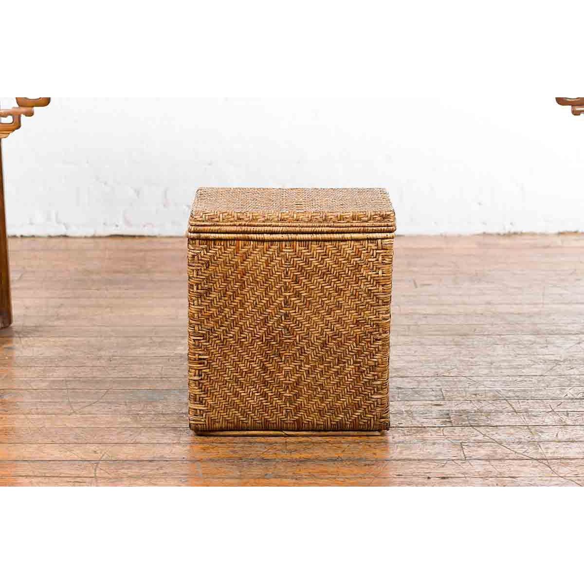 Vintage Burmese Hand-Woven Rattan over Wood Basket Hamper with Pierced Handles-4. Asian & Chinese Furniture, Art, Antiques, Vintage Home Décor for sale at FEA Home