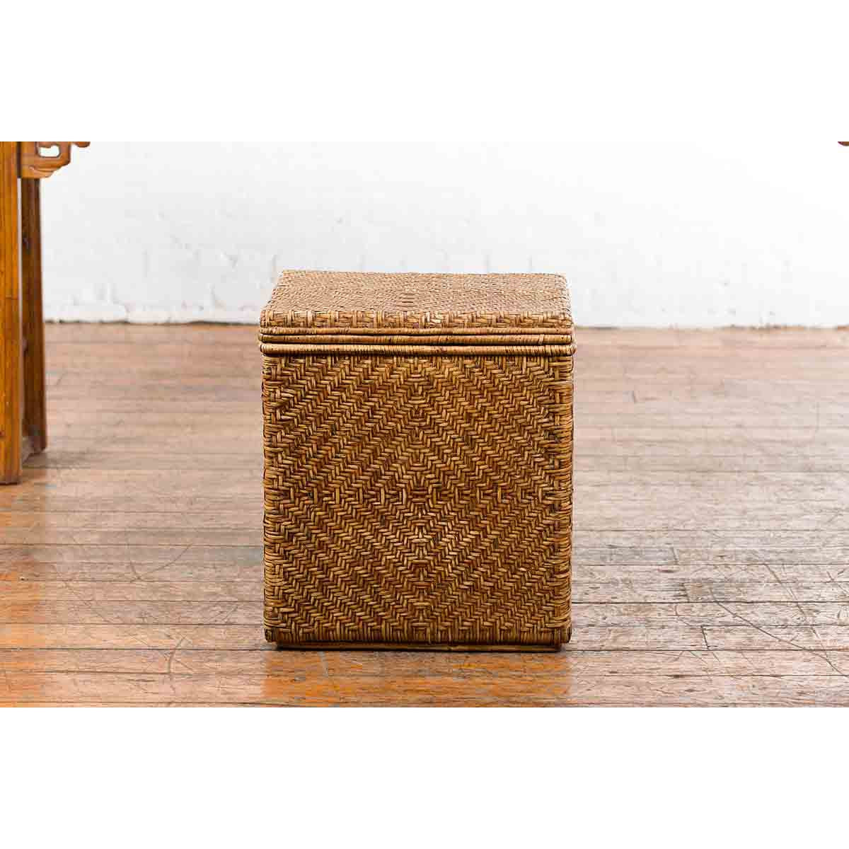 Vintage Burmese Hand-Woven Rattan over Wood Basket Hamper with Pierced Handles-12. Asian & Chinese Furniture, Art, Antiques, Vintage Home Décor for sale at FEA Home