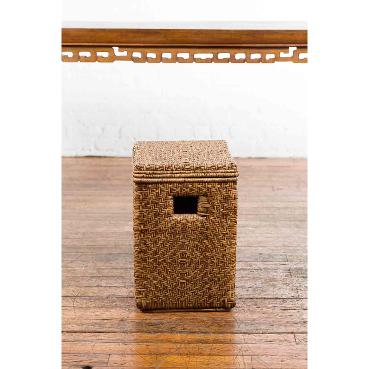 Vintage Burmese Hand-Woven Rattan over Wood Basket Hamper with Pierced Handles-13. Asian & Chinese Furniture, Art, Antiques, Vintage Home Décor for sale at FEA Home