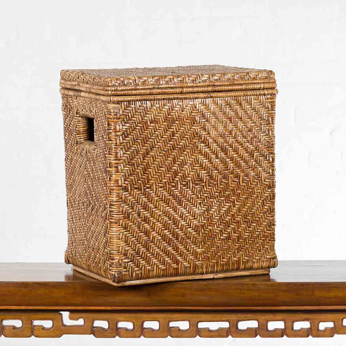 Vintage Burmese Hand-Woven Rattan over Wood Basket Hamper with Pierced Handles-3. Asian & Chinese Furniture, Art, Antiques, Vintage Home Décor for sale at FEA Home