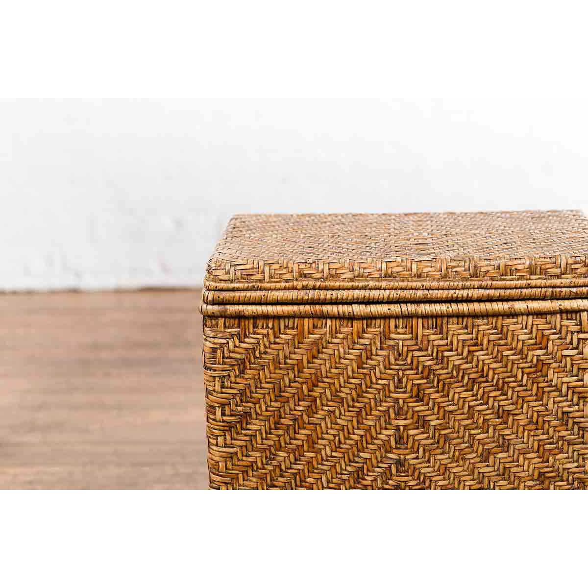 Vintage Burmese Hand-Woven Rattan over Wood Basket Hamper with Pierced Handles-6. Asian & Chinese Furniture, Art, Antiques, Vintage Home Décor for sale at FEA Home
