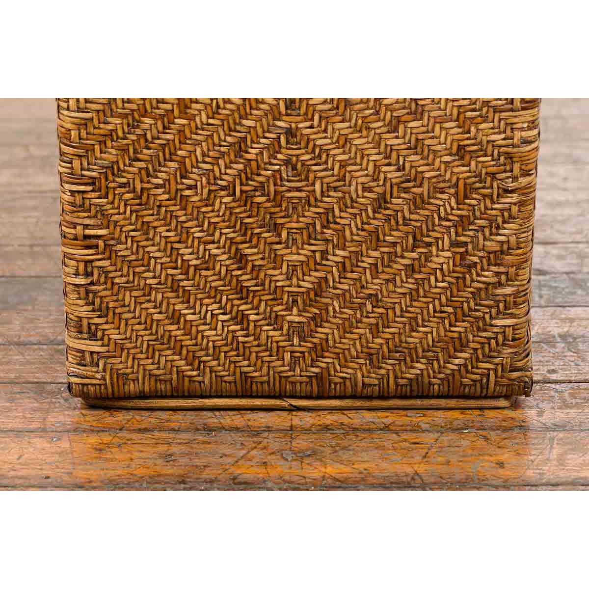 Vintage Burmese Hand-Woven Rattan over Wood Basket Hamper with Pierced Handles-8. Asian & Chinese Furniture, Art, Antiques, Vintage Home Décor for sale at FEA Home