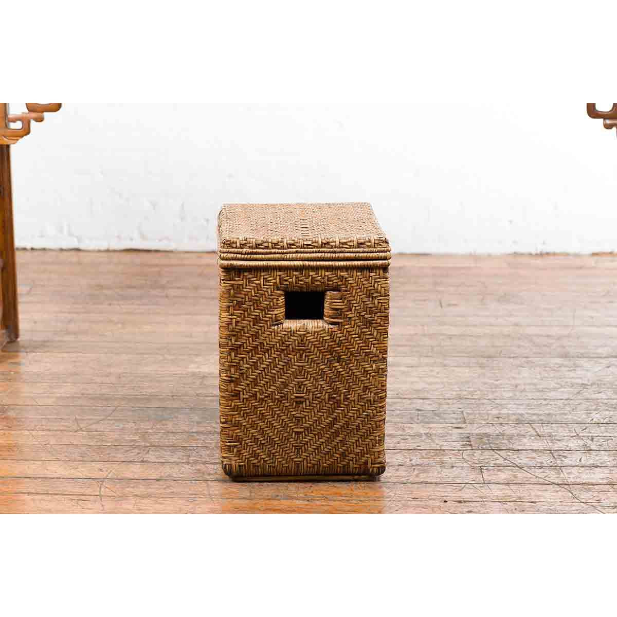 Vintage Burmese Hand-Woven Rattan over Wood Basket Hamper with Pierced Handles-11. Asian & Chinese Furniture, Art, Antiques, Vintage Home Décor for sale at FEA Home