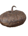 Bronze pumpkin sculpture with rustic patina and curved stem, close-up on white background.
