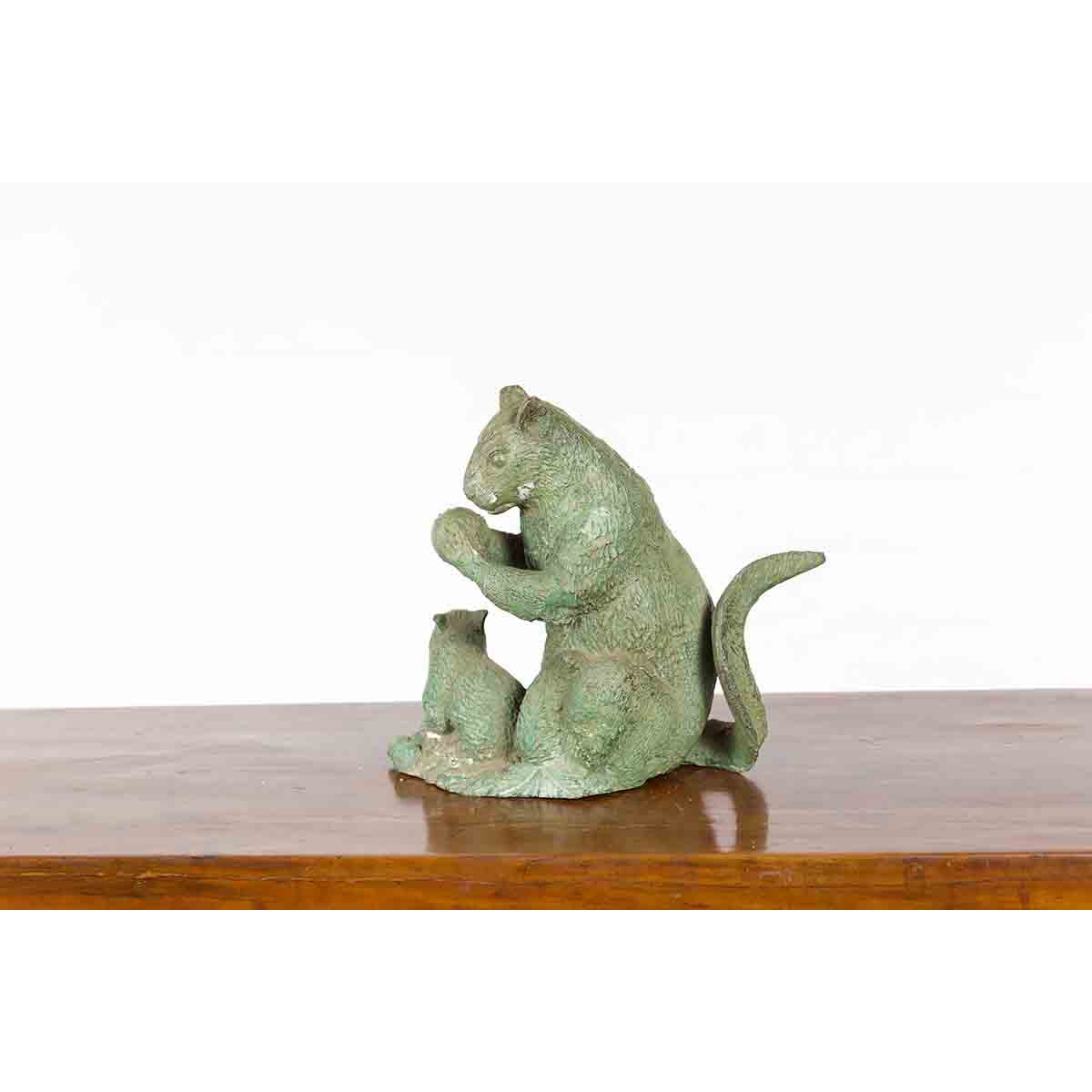 Vintage Lost Wax Cast Bronze Squirrel Family Sculpture with Verde Patina-9. Asian & Chinese Furniture, Art, Antiques, Vintage Home Décor for sale at FEA Home