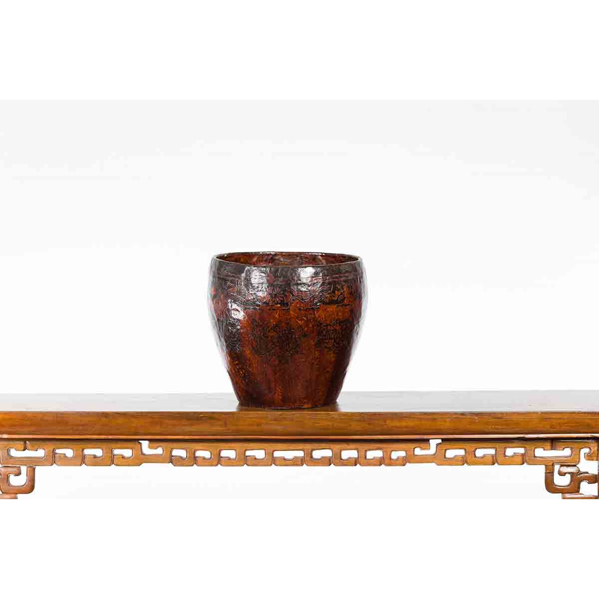 Thai Vintage Brown and Black Papier Mâché Basket with Floral Friezes-5. Asian & Chinese Furniture, Art, Antiques, Vintage Home Décor for sale at FEA Home