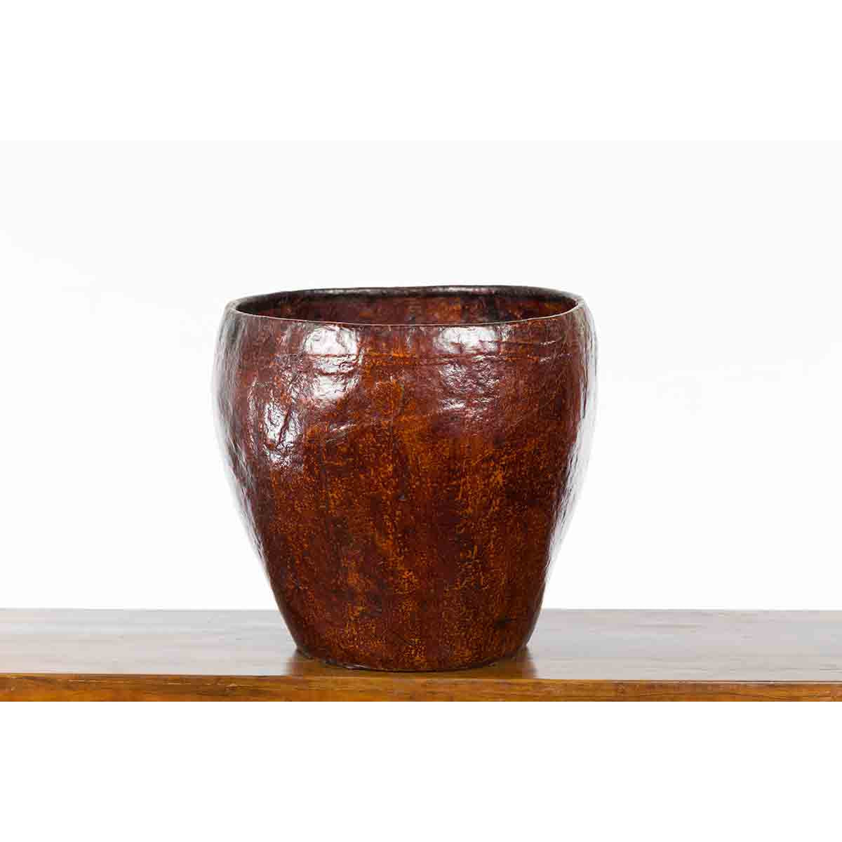 Thai Vintage Brown and Black Papier Mâché Basket with Floral Friezes-12. Asian & Chinese Furniture, Art, Antiques, Vintage Home Décor for sale at FEA Home
