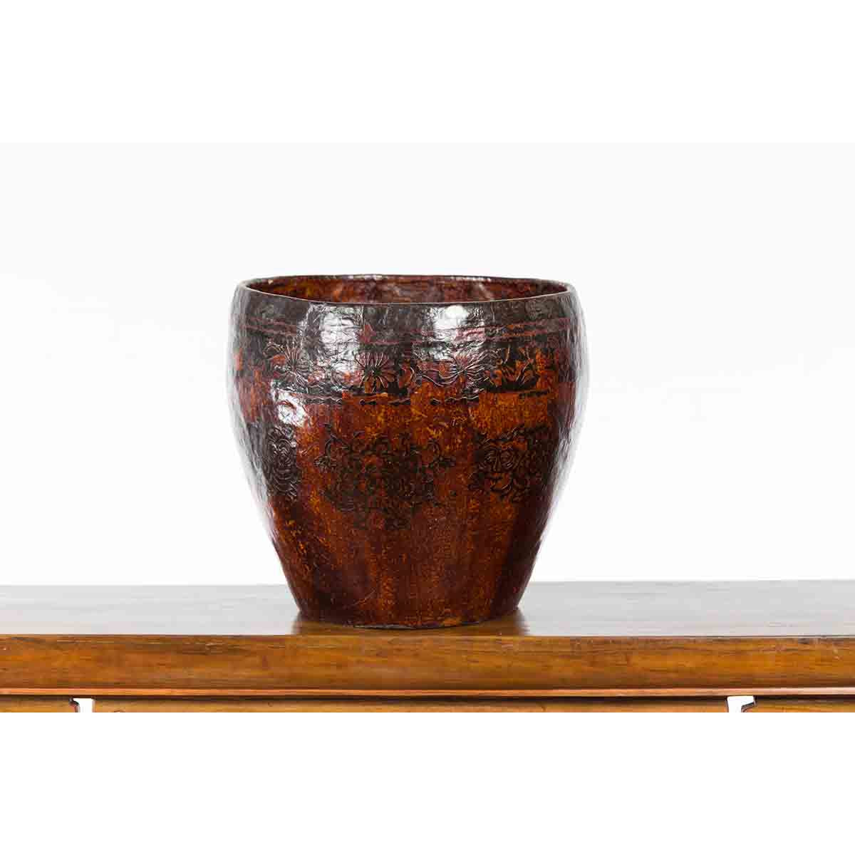 Thai Vintage Brown and Black Papier Mâché Basket with Floral Friezes-3. Asian & Chinese Furniture, Art, Antiques, Vintage Home Décor for sale at FEA Home