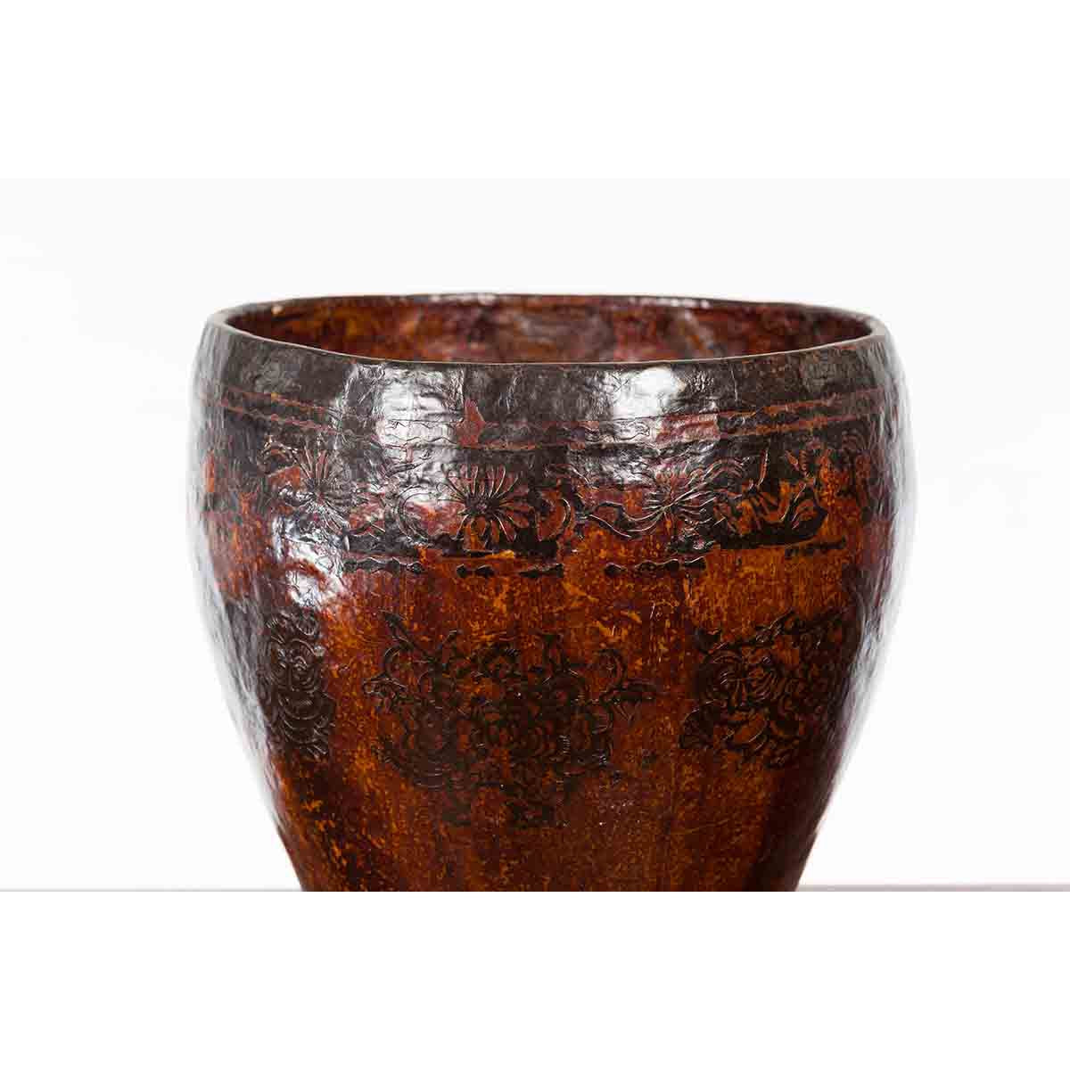 Thai Vintage Brown and Black Papier Mâché Basket with Floral Friezes-6. Asian & Chinese Furniture, Art, Antiques, Vintage Home Décor for sale at FEA Home