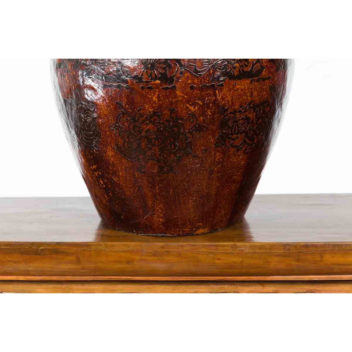 Thai Vintage Brown and Black Papier Mâché Basket with Floral Friezes-7. Asian & Chinese Furniture, Art, Antiques, Vintage Home Décor for sale at FEA Home