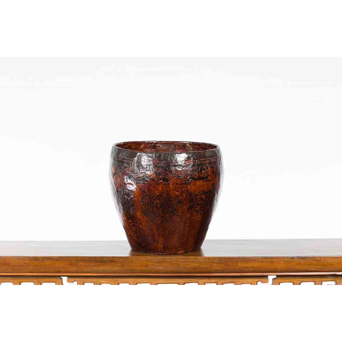 Thai Vintage Brown and Black Papier Mâché Basket with Floral Friezes-4. Asian & Chinese Furniture, Art, Antiques, Vintage Home Décor for sale at FEA Home