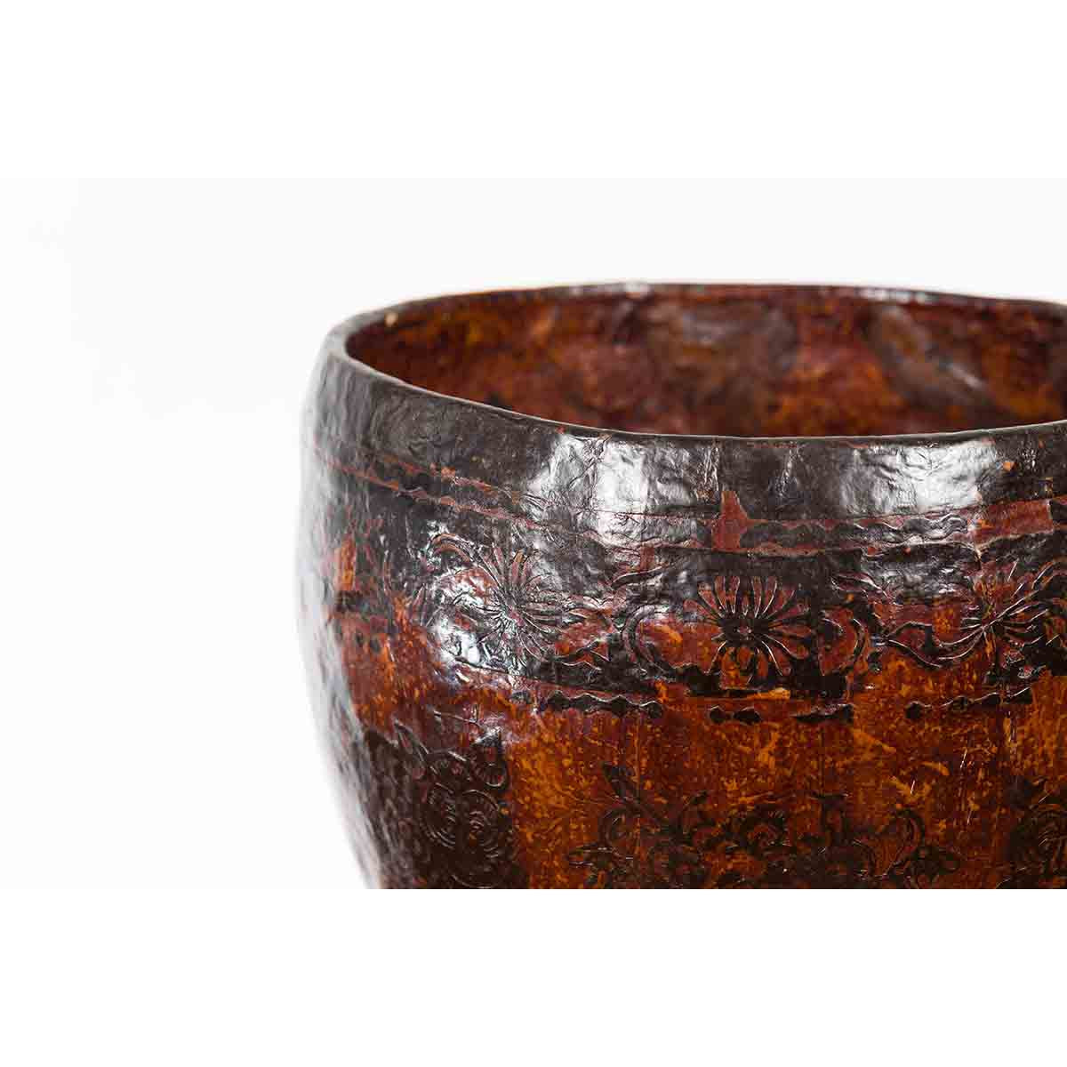 Thai Vintage Brown and Black Papier Mâché Basket with Floral Friezes-9. Asian & Chinese Furniture, Art, Antiques, Vintage Home Décor for sale at FEA Home