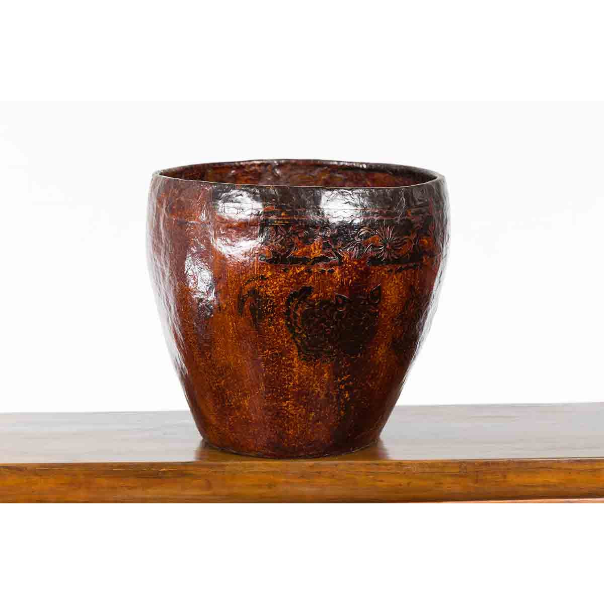 Thai Vintage Brown and Black Papier Mâché Basket with Floral Friezes-10. Asian & Chinese Furniture, Art, Antiques, Vintage Home Décor for sale at FEA Home