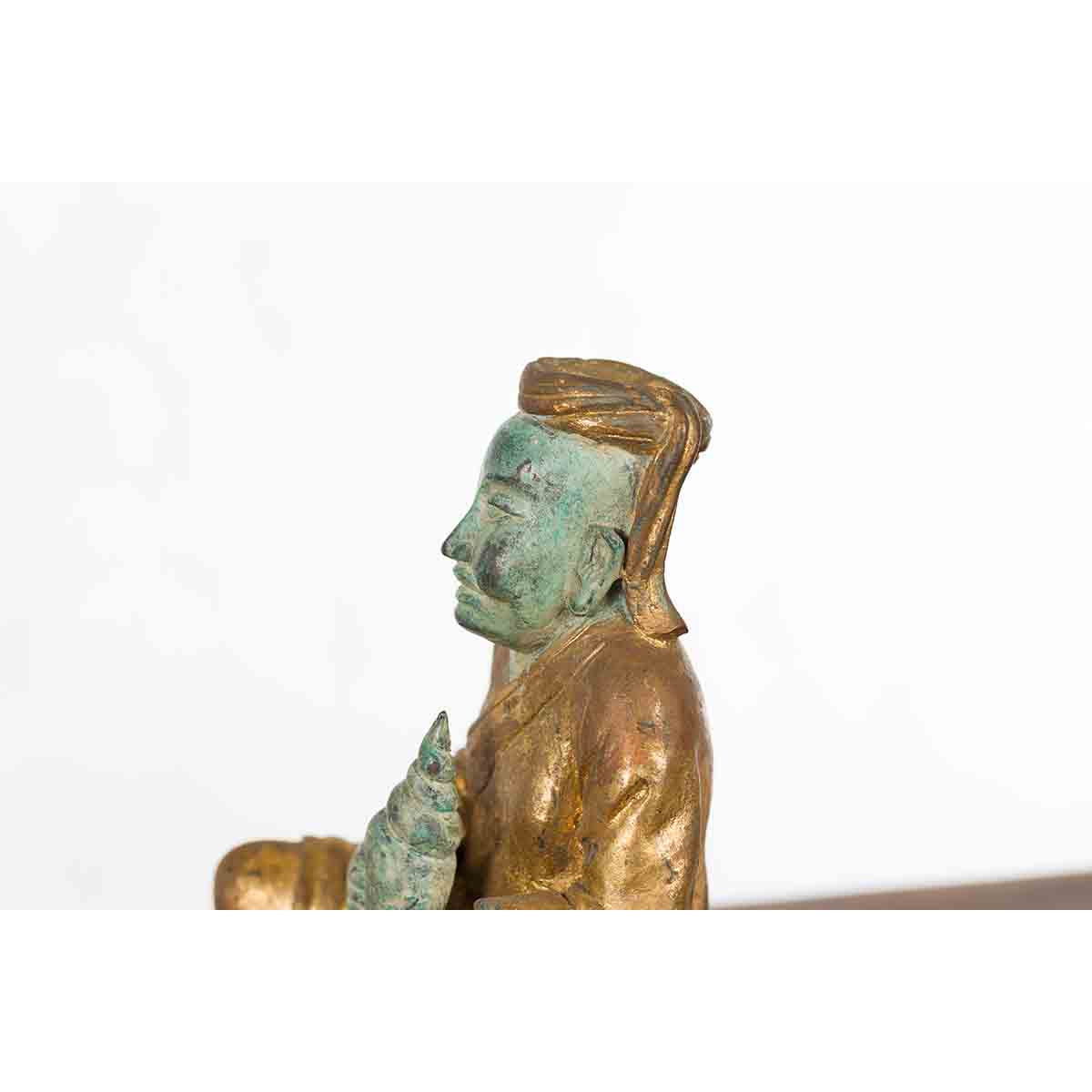 Petite Thai Verde and Gilded Statuette of a Seated Monk Holding a Conch Shell-11. Asian & Chinese Furniture, Art, Antiques, Vintage Home Décor for sale at FEA Home