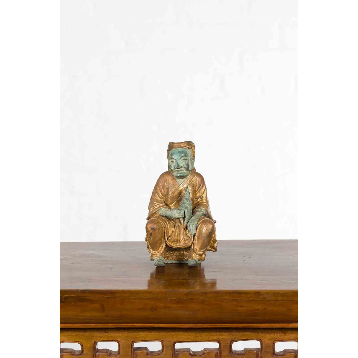 Petite Thai Verde and Gilded Statuette of a Seated Monk Holding a Conch Shell-3. Asian & Chinese Furniture, Art, Antiques, Vintage Home Décor for sale at FEA Home