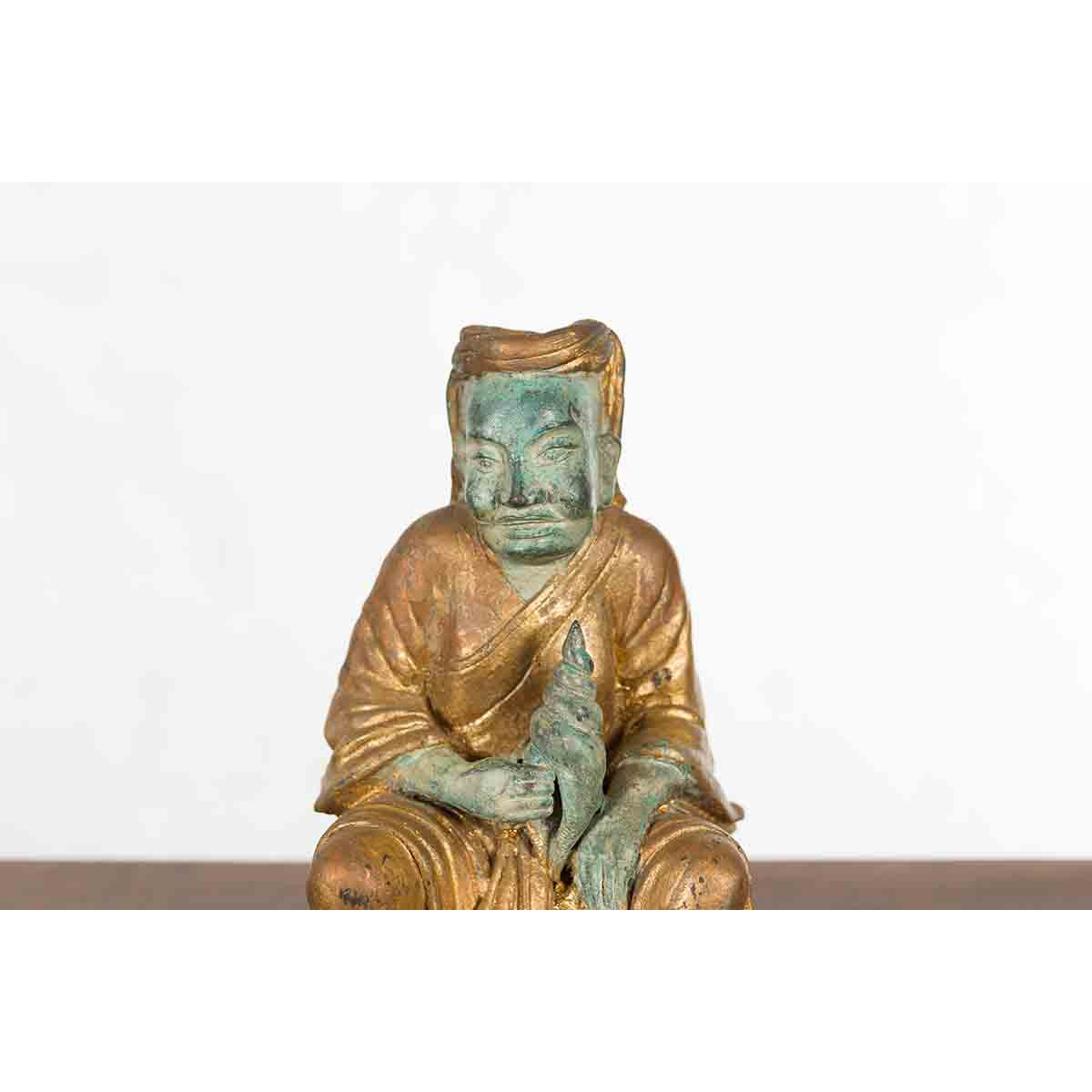 Petite Thai Verde and Gilded Statuette of a Seated Monk Holding a Conch Shell-4. Asian & Chinese Furniture, Art, Antiques, Vintage Home Décor for sale at FEA Home