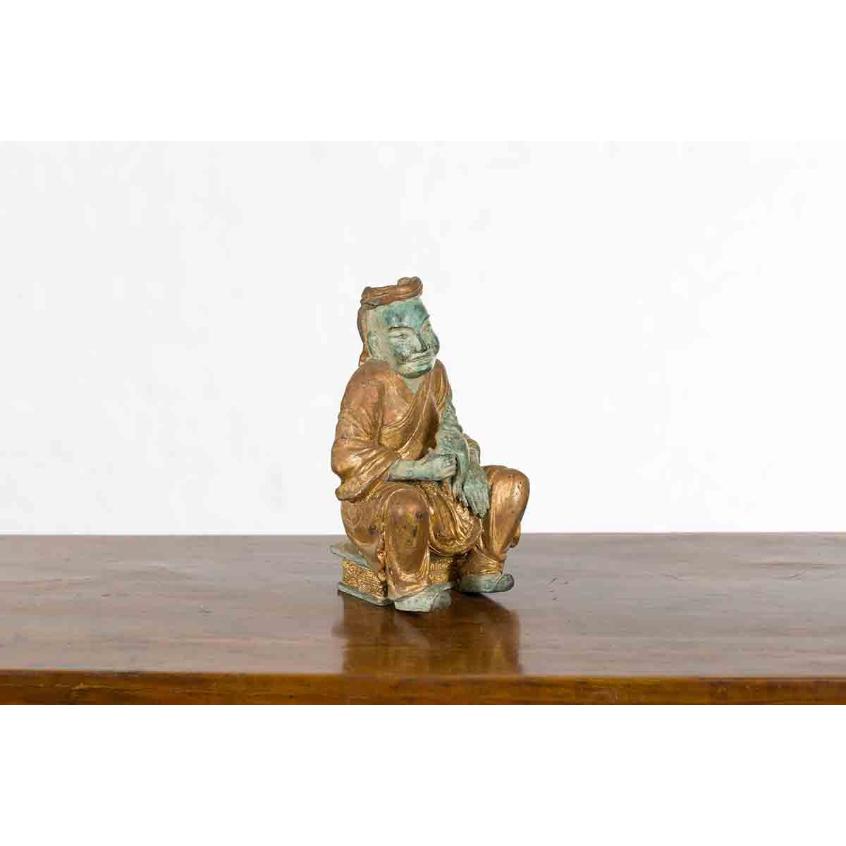 Petite Thai Verde and Gilded Statuette of a Seated Monk Holding a Conch Shell-7. Asian & Chinese Furniture, Art, Antiques, Vintage Home Décor for sale at FEA Home