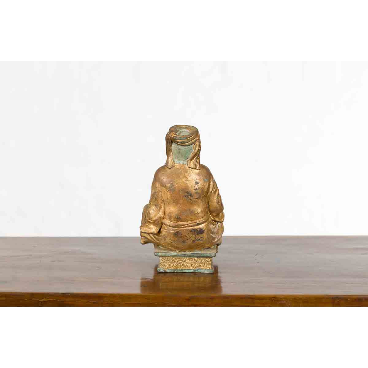 Petite Thai Verde and Gilded Statuette of a Seated Monk Holding a Conch Shell-9. Asian & Chinese Furniture, Art, Antiques, Vintage Home Décor for sale at FEA Home