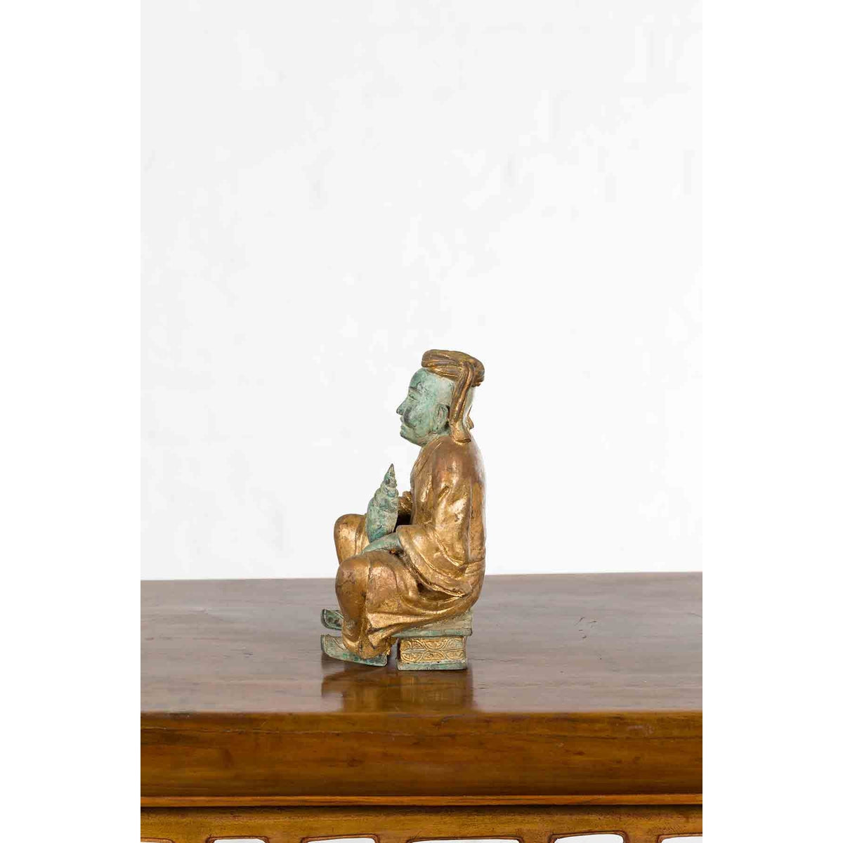 Petite Thai Verde and Gilded Statuette of a Seated Monk Holding a Conch Shell-10. Asian & Chinese Furniture, Art, Antiques, Vintage Home Décor for sale at FEA Home