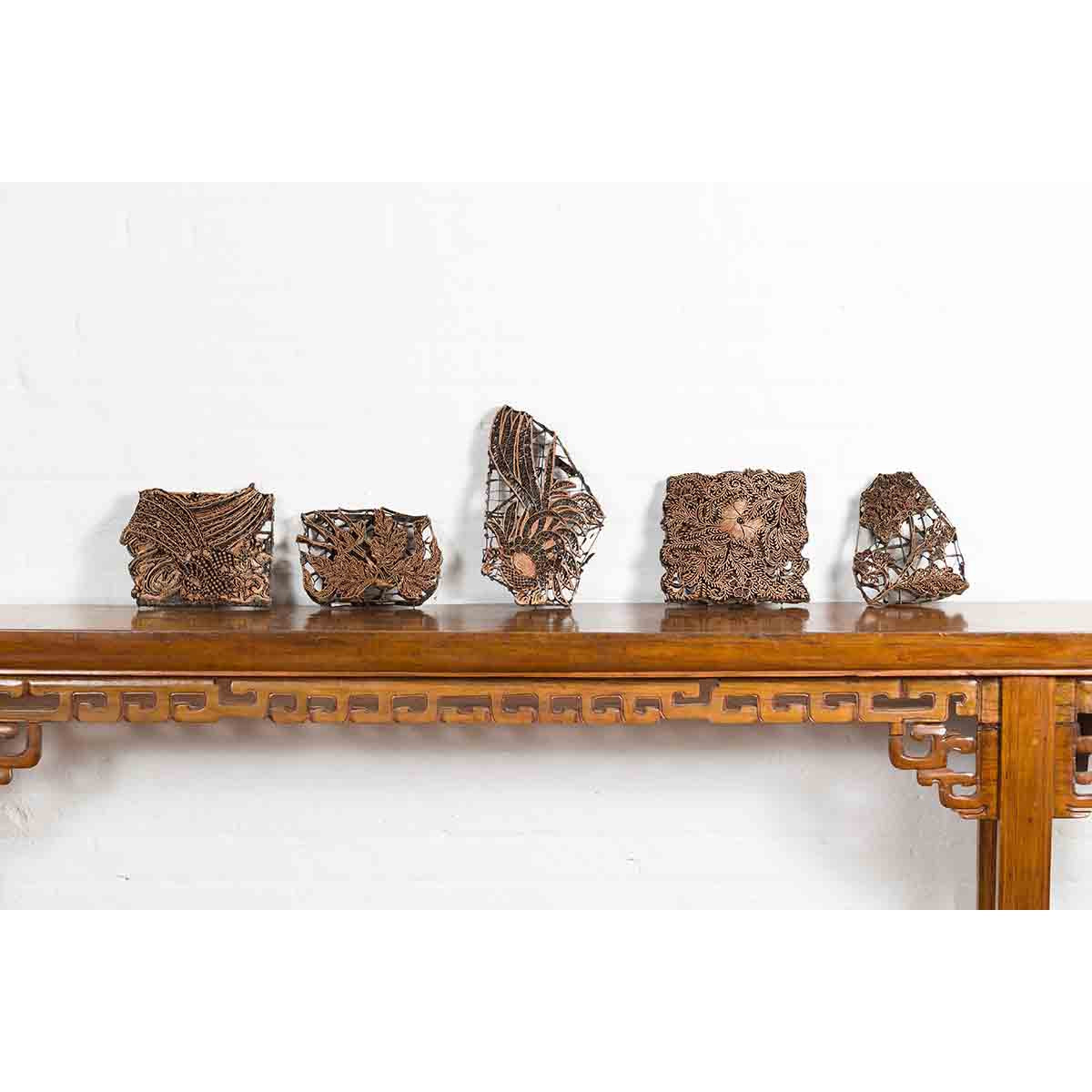 Set of Five Vintage Indonesian Copper Batik Textile Floral Printing Blocks-2. Asian & Chinese Furniture, Art, Antiques, Vintage Home Décor for sale at FEA Home