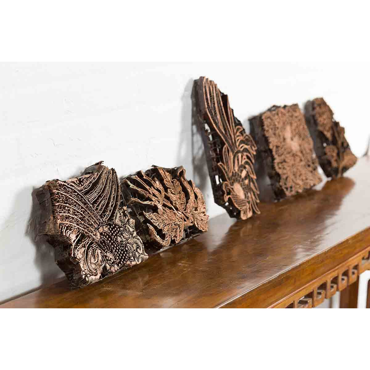 Set of Five Vintage Indonesian Copper Batik Textile Floral Printing Blocks-12. Asian & Chinese Furniture, Art, Antiques, Vintage Home Décor for sale at FEA Home