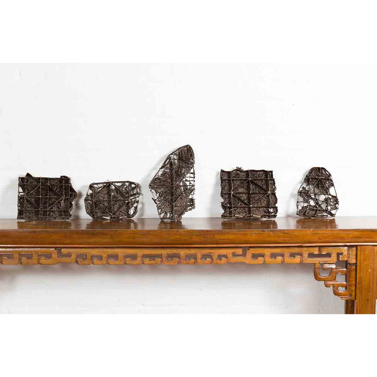 Set of Five Vintage Indonesian Copper Batik Textile Floral Printing Blocks-14. Asian & Chinese Furniture, Art, Antiques, Vintage Home Décor for sale at FEA Home