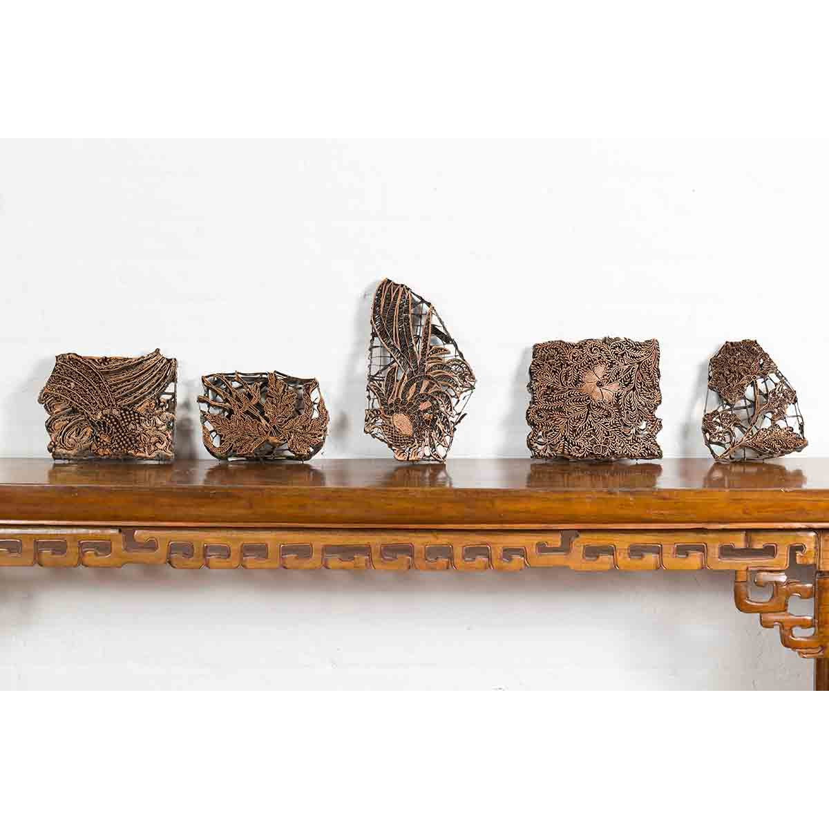Set of Five Vintage Indonesian Copper Batik Textile Floral Printing Blocks-3. Asian & Chinese Furniture, Art, Antiques, Vintage Home Décor for sale at FEA Home