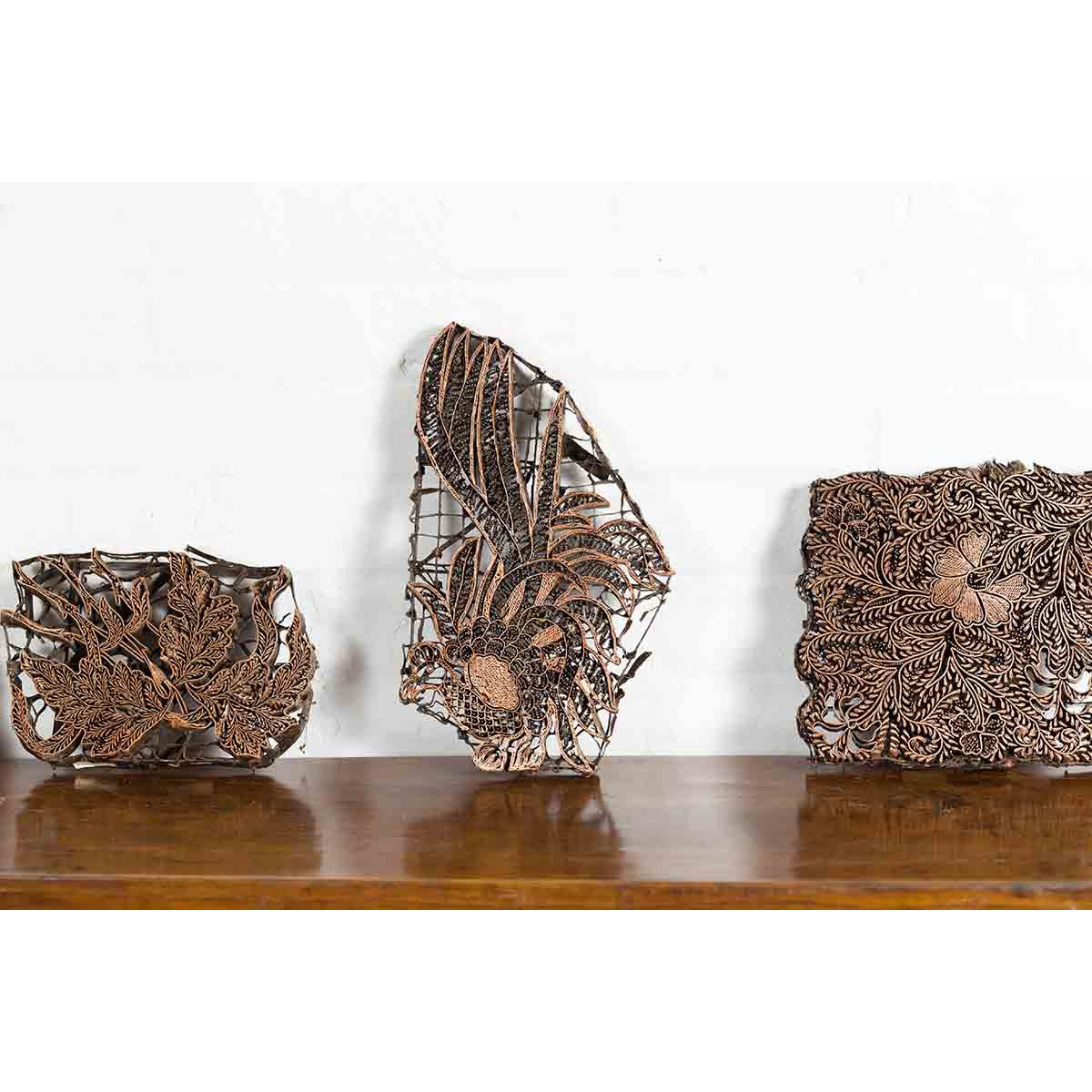 Set of Five Vintage Indonesian Copper Batik Textile Floral Printing Blocks-5. Asian & Chinese Furniture, Art, Antiques, Vintage Home Décor for sale at FEA Home
