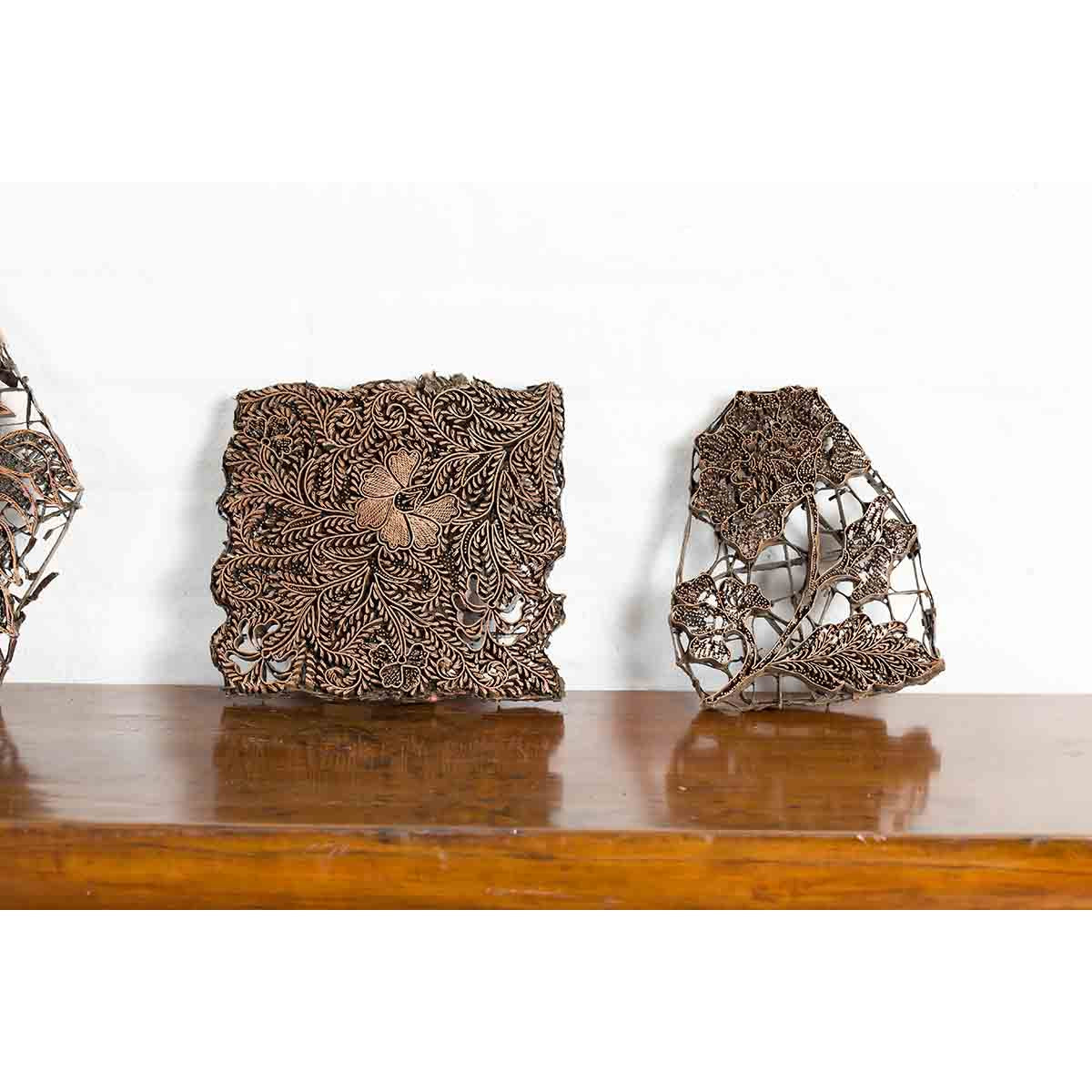 Set of Five Vintage Indonesian Copper Batik Textile Floral Printing Blocks-6. Asian & Chinese Furniture, Art, Antiques, Vintage Home Décor for sale at FEA Home