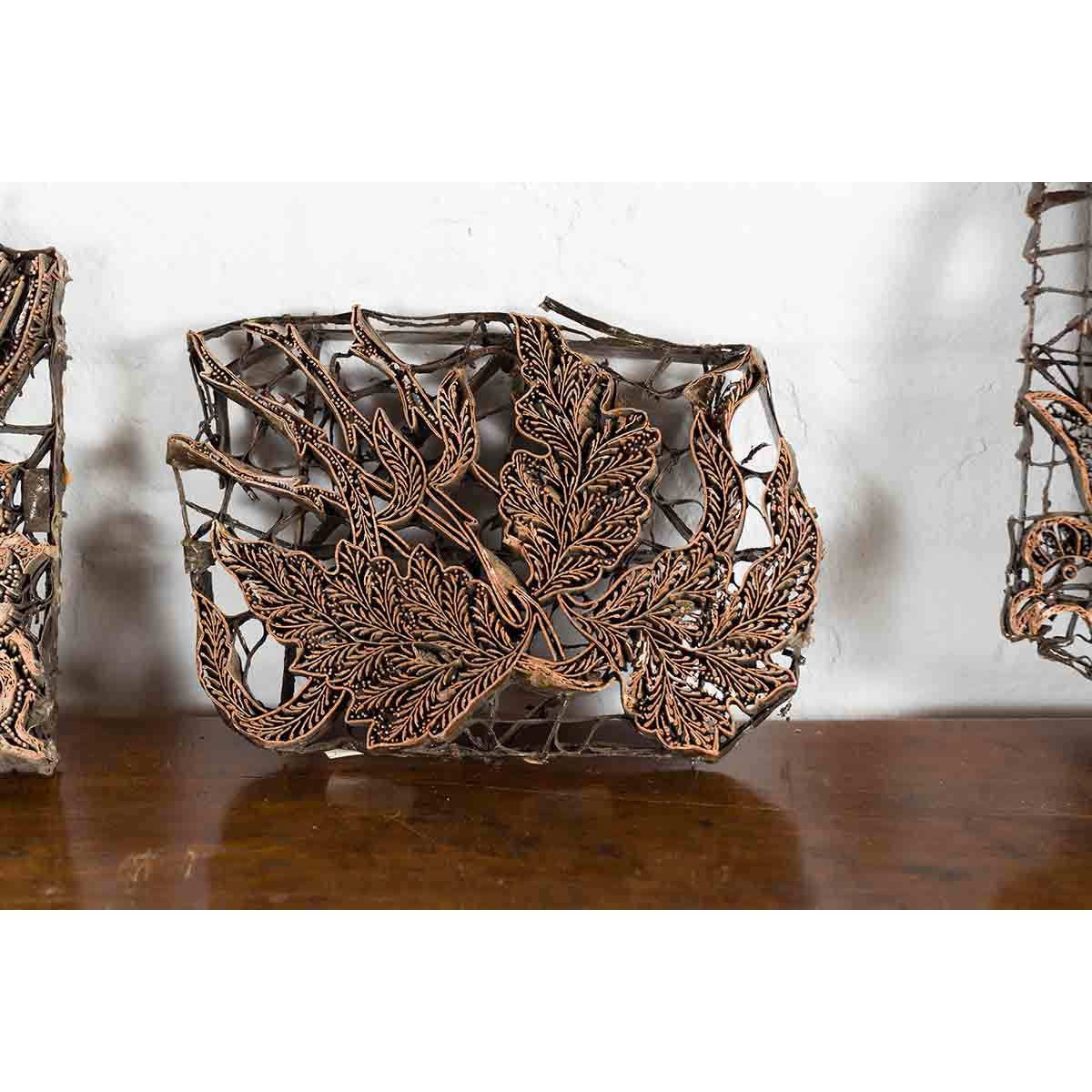 Set of Five Vintage Indonesian Copper Batik Textile Floral Printing Blocks-8. Asian & Chinese Furniture, Art, Antiques, Vintage Home Décor for sale at FEA Home