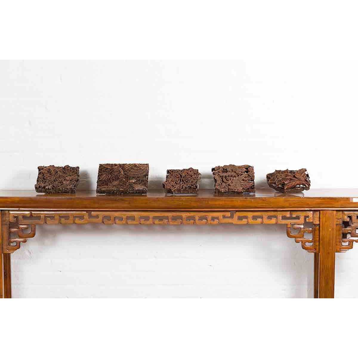 Five Vintage Indonesian Copper Batik Textile Floral Printing Blocks with Handles-2. Asian & Chinese Furniture, Art, Antiques, Vintage Home Décor for sale at FEA Home