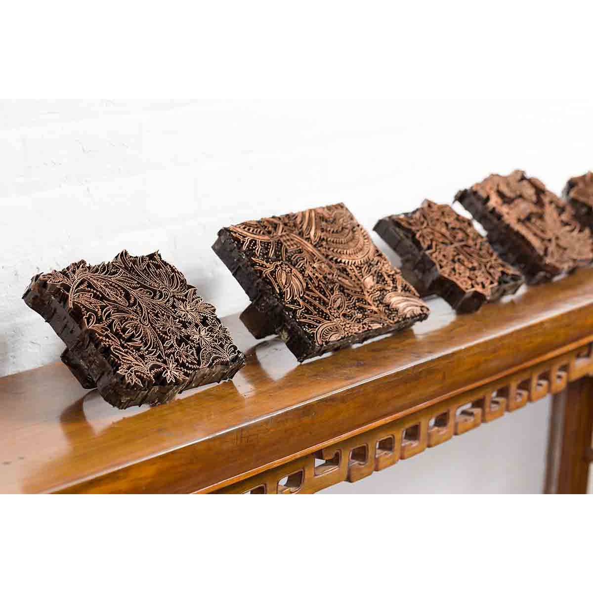 Five Vintage Indonesian Copper Batik Textile Floral Printing Blocks with Handles-12. Asian & Chinese Furniture, Art, Antiques, Vintage Home Décor for sale at FEA Home