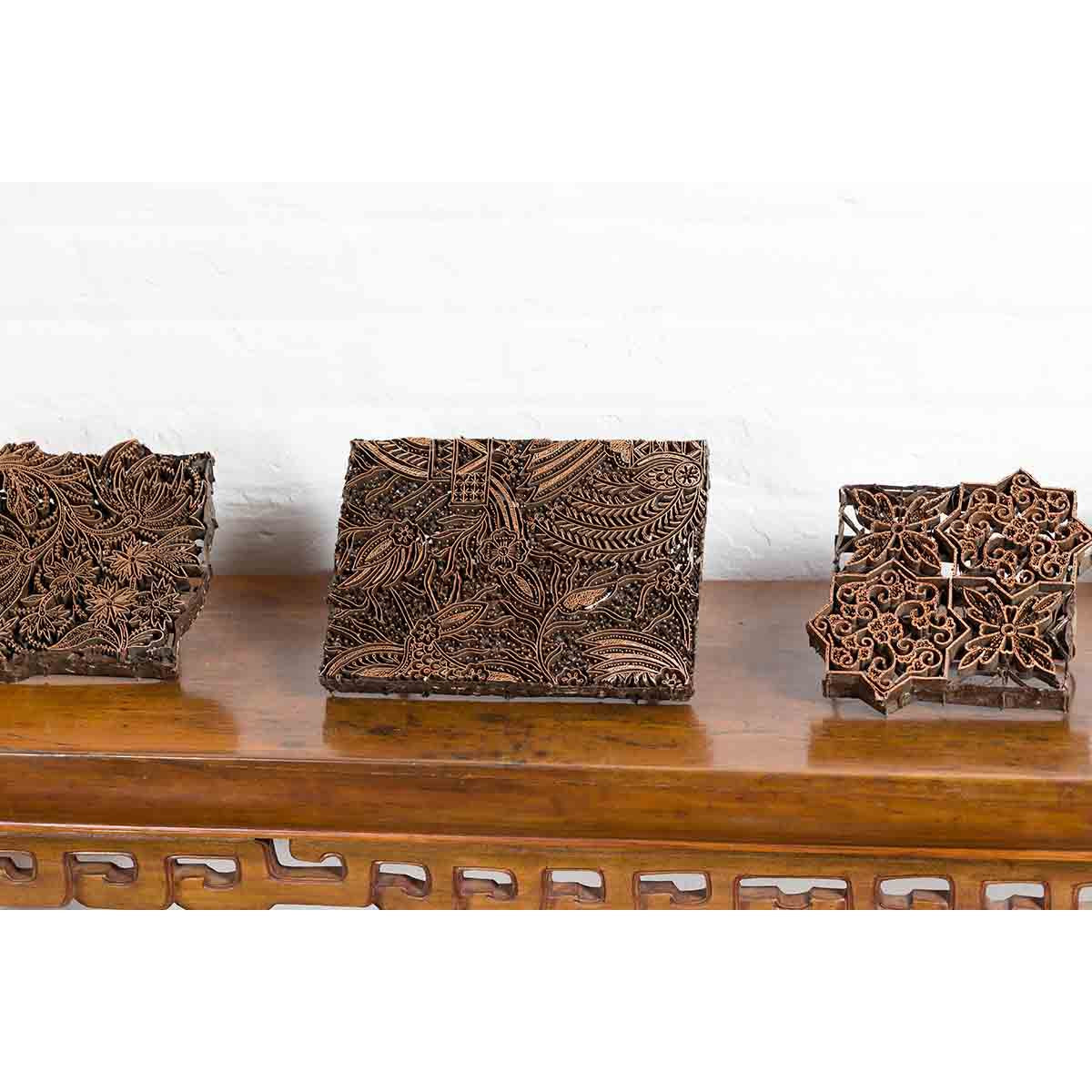 Five Vintage Indonesian Copper Batik Textile Floral Printing Blocks with Handles-3. Asian & Chinese Furniture, Art, Antiques, Vintage Home Décor for sale at FEA Home