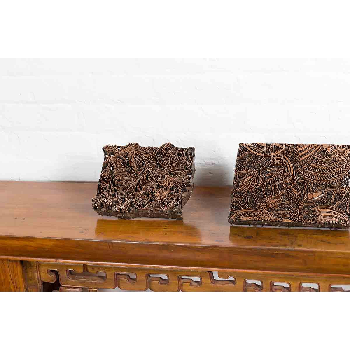 Five Vintage Indonesian Copper Batik Textile Floral Printing Blocks with Handles-4. Asian & Chinese Furniture, Art, Antiques, Vintage Home Décor for sale at FEA Home