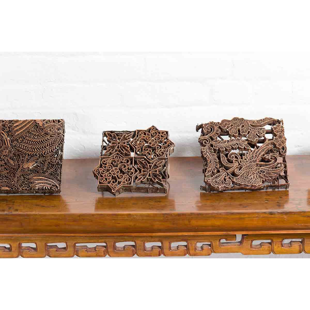 Five Vintage Indonesian Copper Batik Textile Floral Printing Blocks with Handles-5. Asian & Chinese Furniture, Art, Antiques, Vintage Home Décor for sale at FEA Home