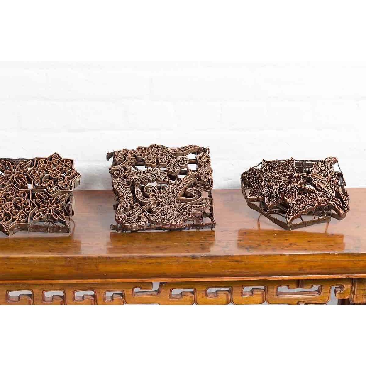 Five Vintage Indonesian Copper Batik Textile Floral Printing Blocks with Handles-6. Asian & Chinese Furniture, Art, Antiques, Vintage Home Décor for sale at FEA Home