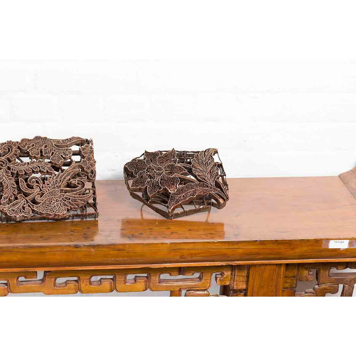 Five Vintage Indonesian Copper Batik Textile Floral Printing Blocks with Handles-7. Asian & Chinese Furniture, Art, Antiques, Vintage Home Décor for sale at FEA Home
