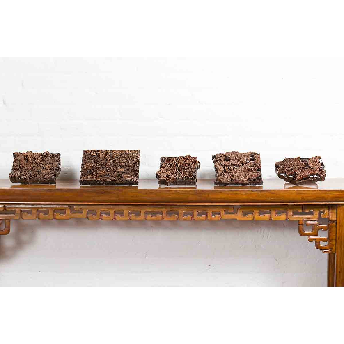 Five Vintage Indonesian Copper Batik Textile Floral Printing Blocks with Handles-8. Asian & Chinese Furniture, Art, Antiques, Vintage Home Décor for sale at FEA Home